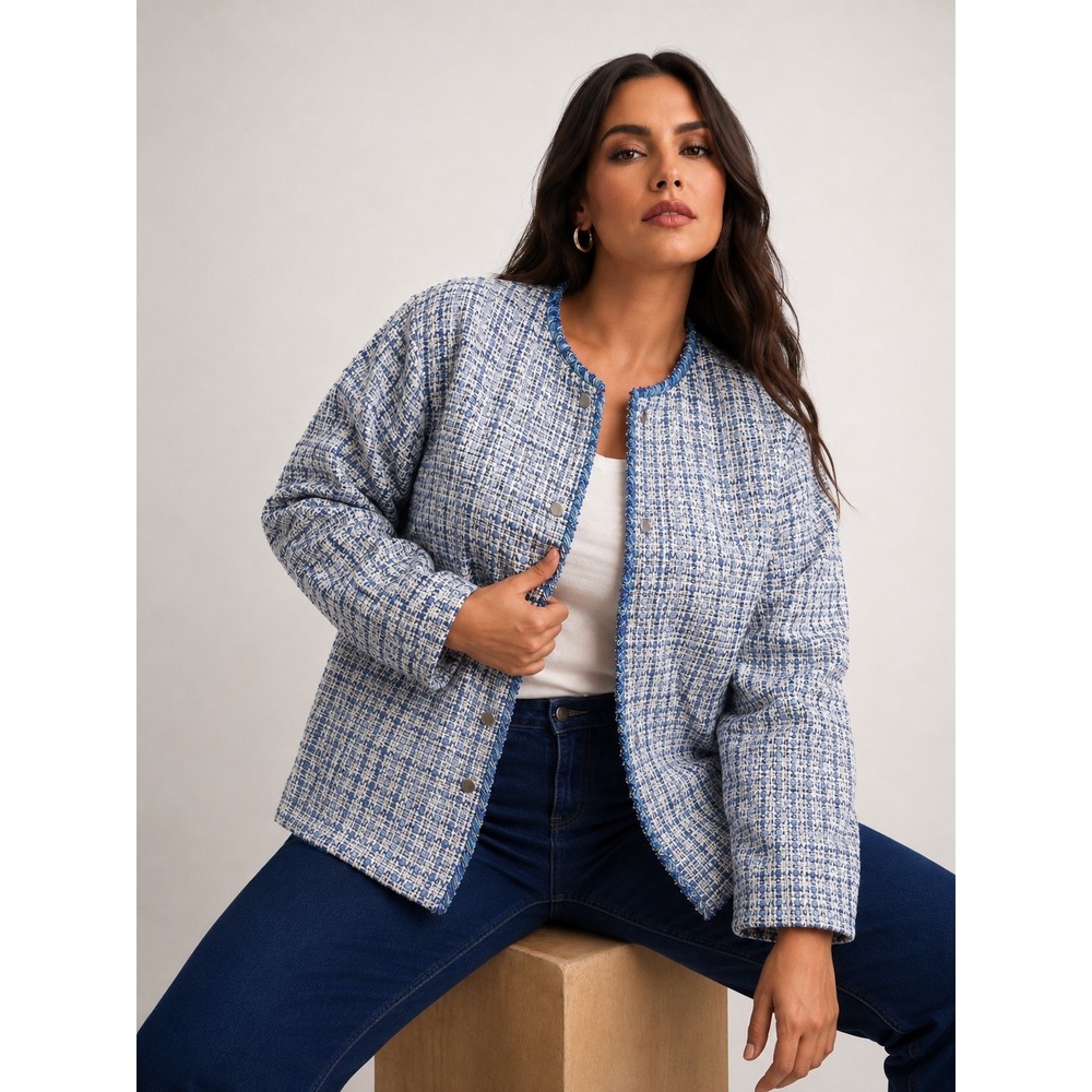 NIC+ZOE 1X Blue Tweed Jacket Blazer 3/4 Sleeve Fringe Snap Front Style NWT